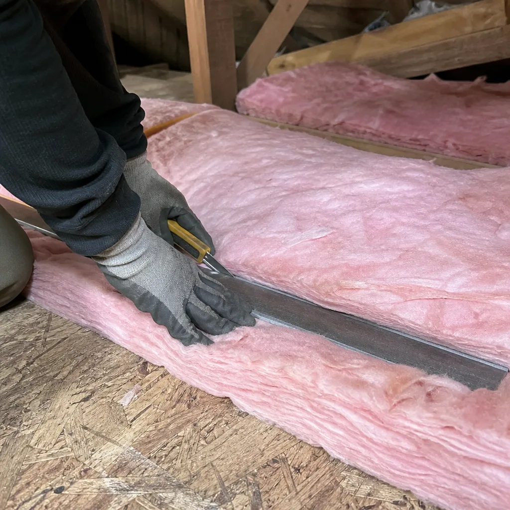 Worker cutting pink fiberglass attic insulation with a utility knife