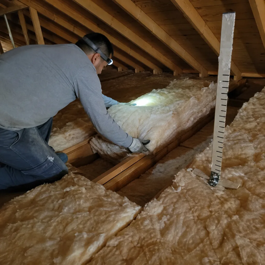 professional installing fiberglass attic insulation between wooden joists