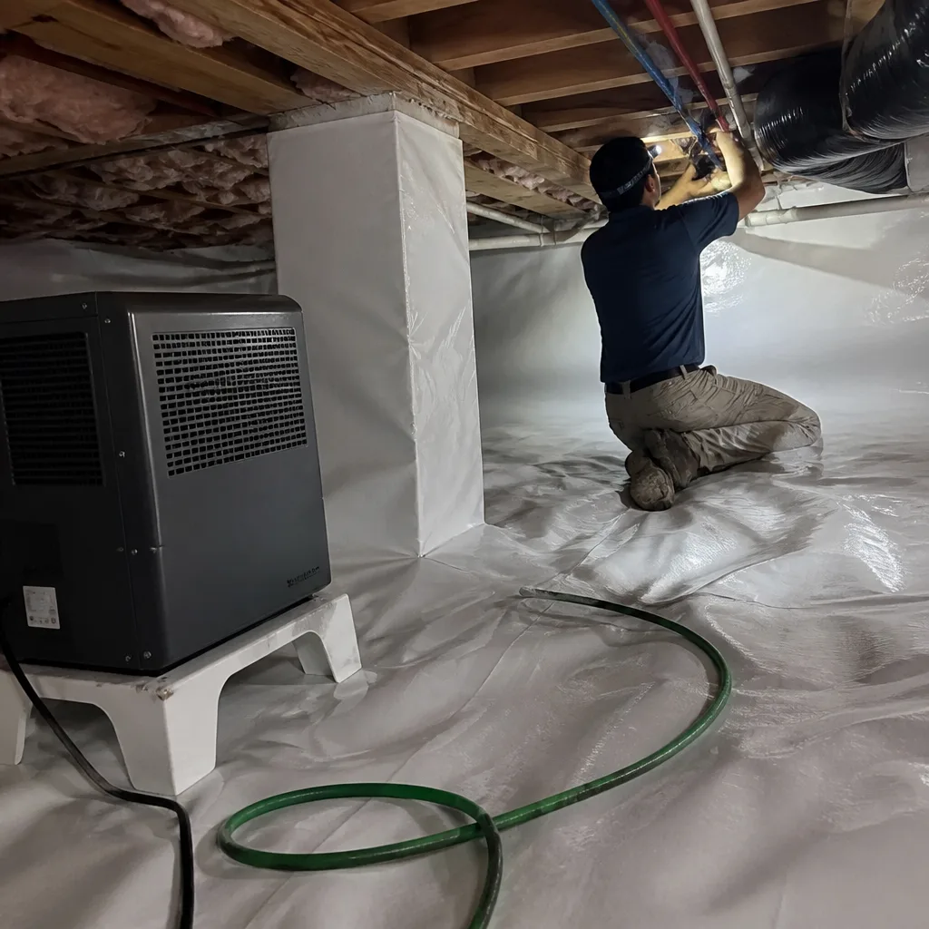 Technician performing professional crawl space encapsulation and vapor barrier installation.