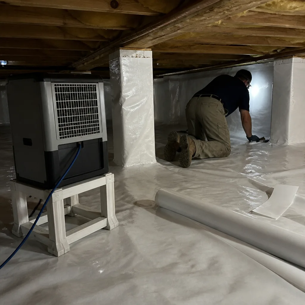 Technician installing professional crawl space encapsulation and vapor barrier