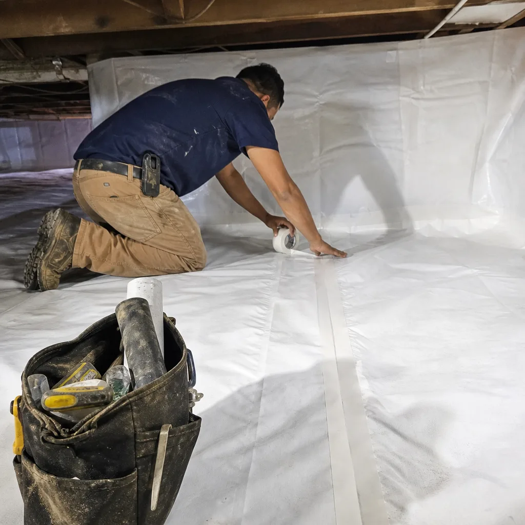 Contractor installing professional crawl space vapor barrier encapsulation in a home.
