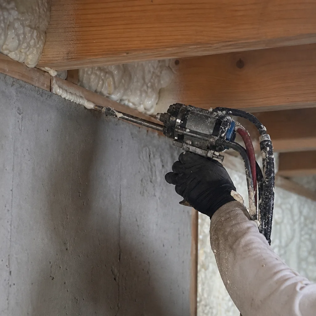 Professional applying spray foam insulation to basement wall and joists