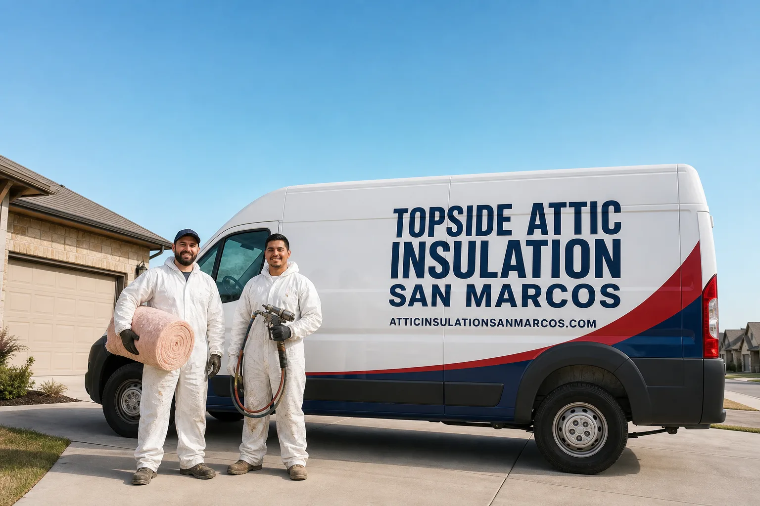 Topside Attic Insulation San Marcos insulation service vehicle and crew in San Marcos, TX